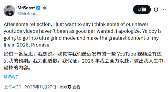 全球第一網紅罕見道歉！承認新視頻不如預期