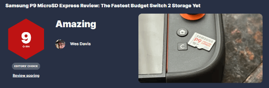 NS2存儲升級首選！三星新款存儲卡獲IGN 9分好評